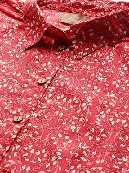 Women's Pink Floral Shirt Collar Tiered Dress