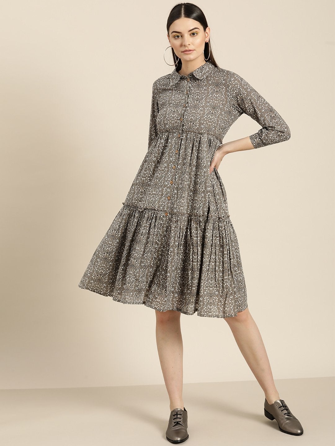 Women's Grey Floral Shirt Collar Tiered Dress