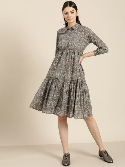 Women's Grey Floral Shirt Collar Tiered Dress