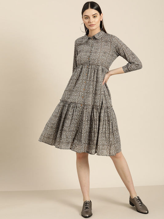 Women's Grey Floral Shirt Collar Tiered Dress