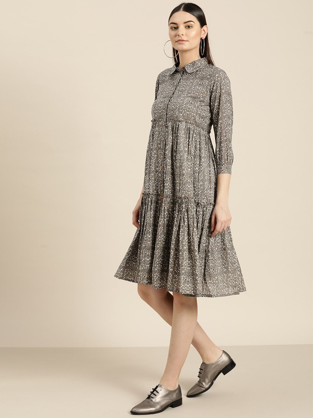 Women's Grey Floral Shirt Collar Tiered Dress