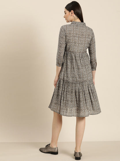 Women's Grey Floral Shirt Collar Tiered Dress