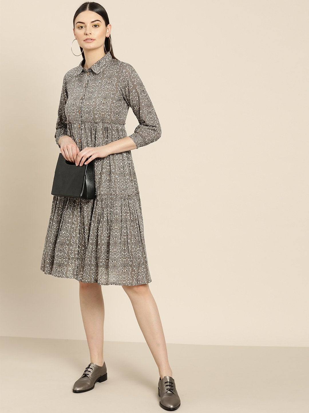 Women's Grey Floral Shirt Collar Tiered Dress