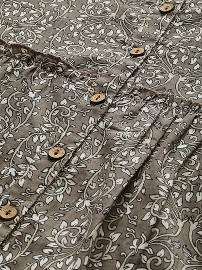 Women's Grey Floral Shirt Collar Tiered Dress