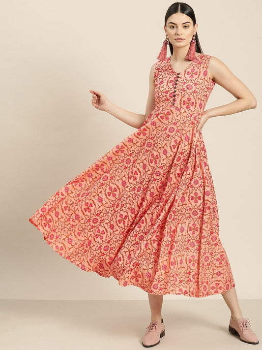 Women's Peach Floral Sleeveless Flared Dress