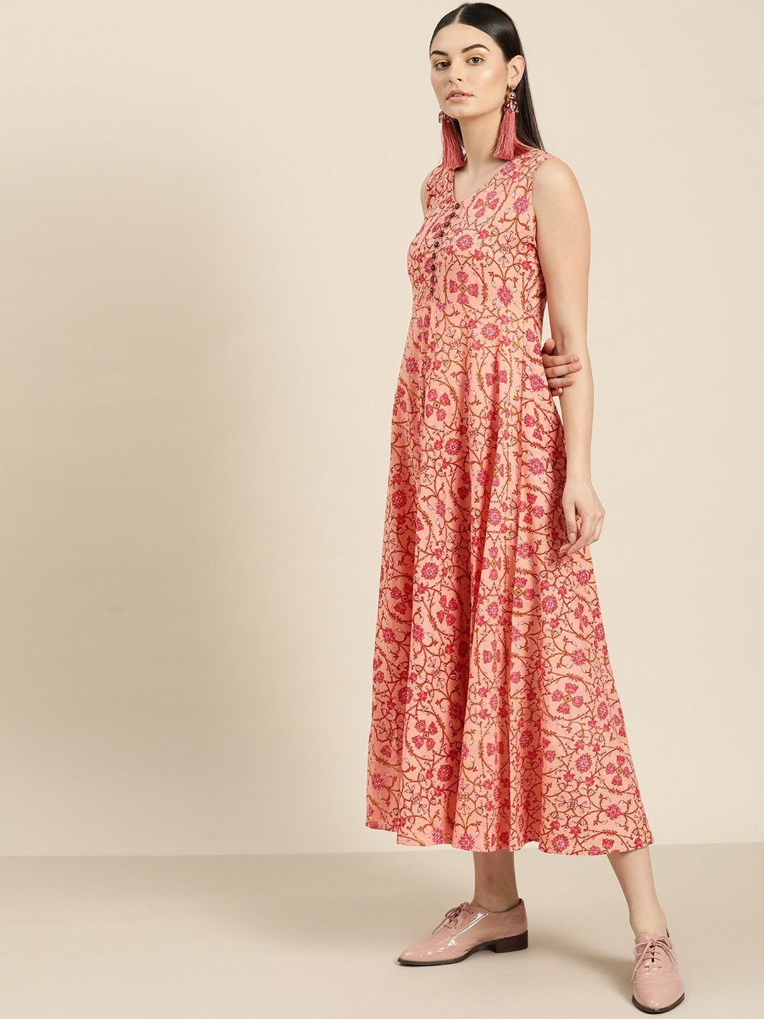 Women's Peach Floral Sleeveless Flared Dress