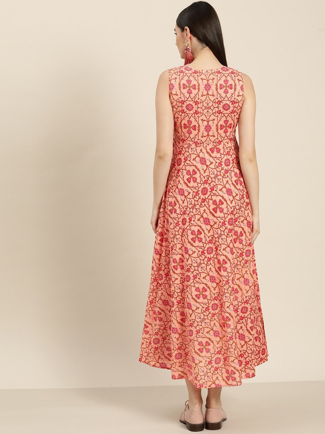 Women's Peach Floral Sleeveless Flared Dress