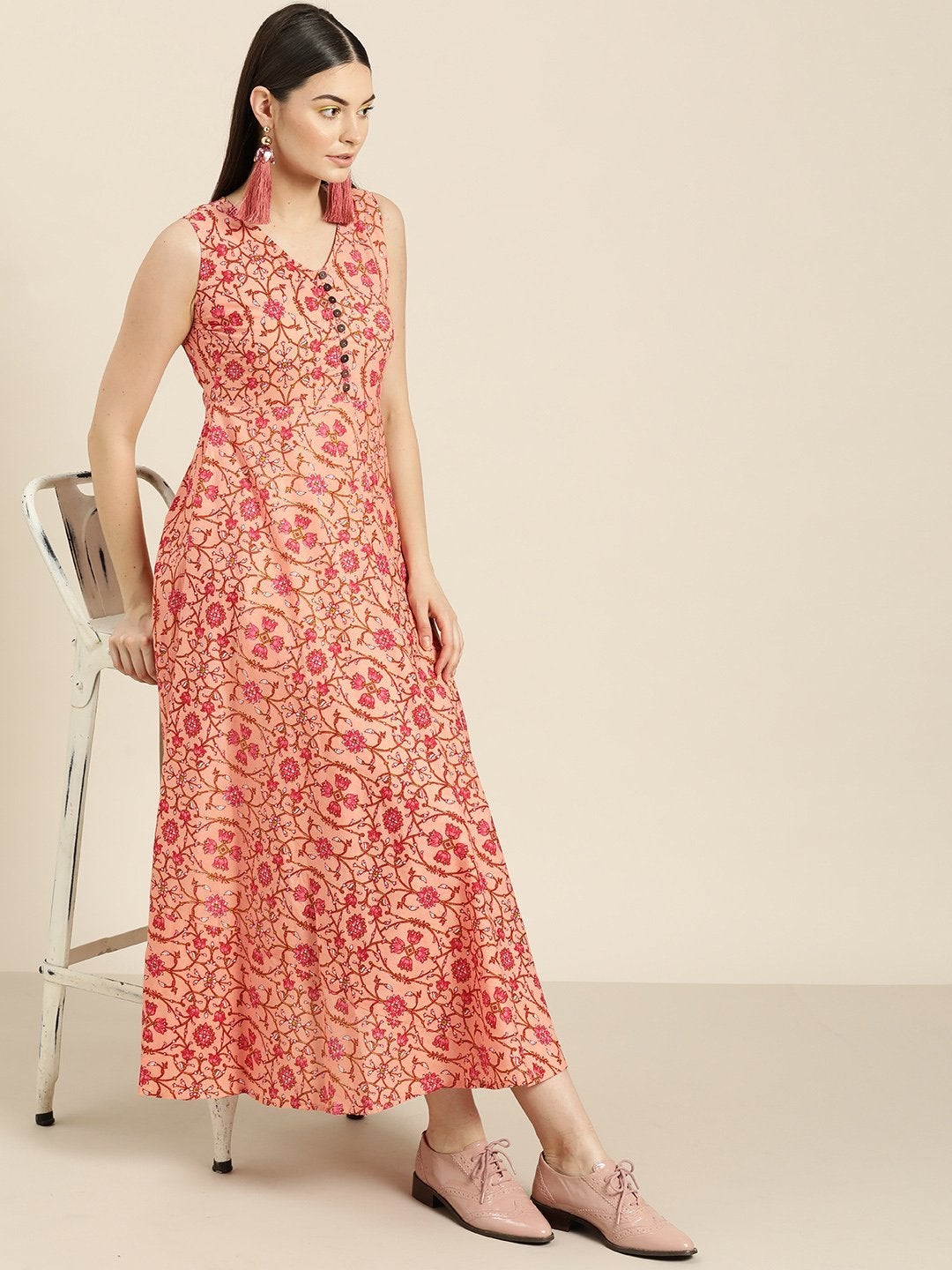 Women's Peach Floral Sleeveless Flared Dress