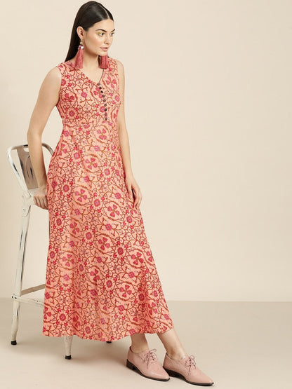 Women's Peach Floral Sleeveless Flared Dress