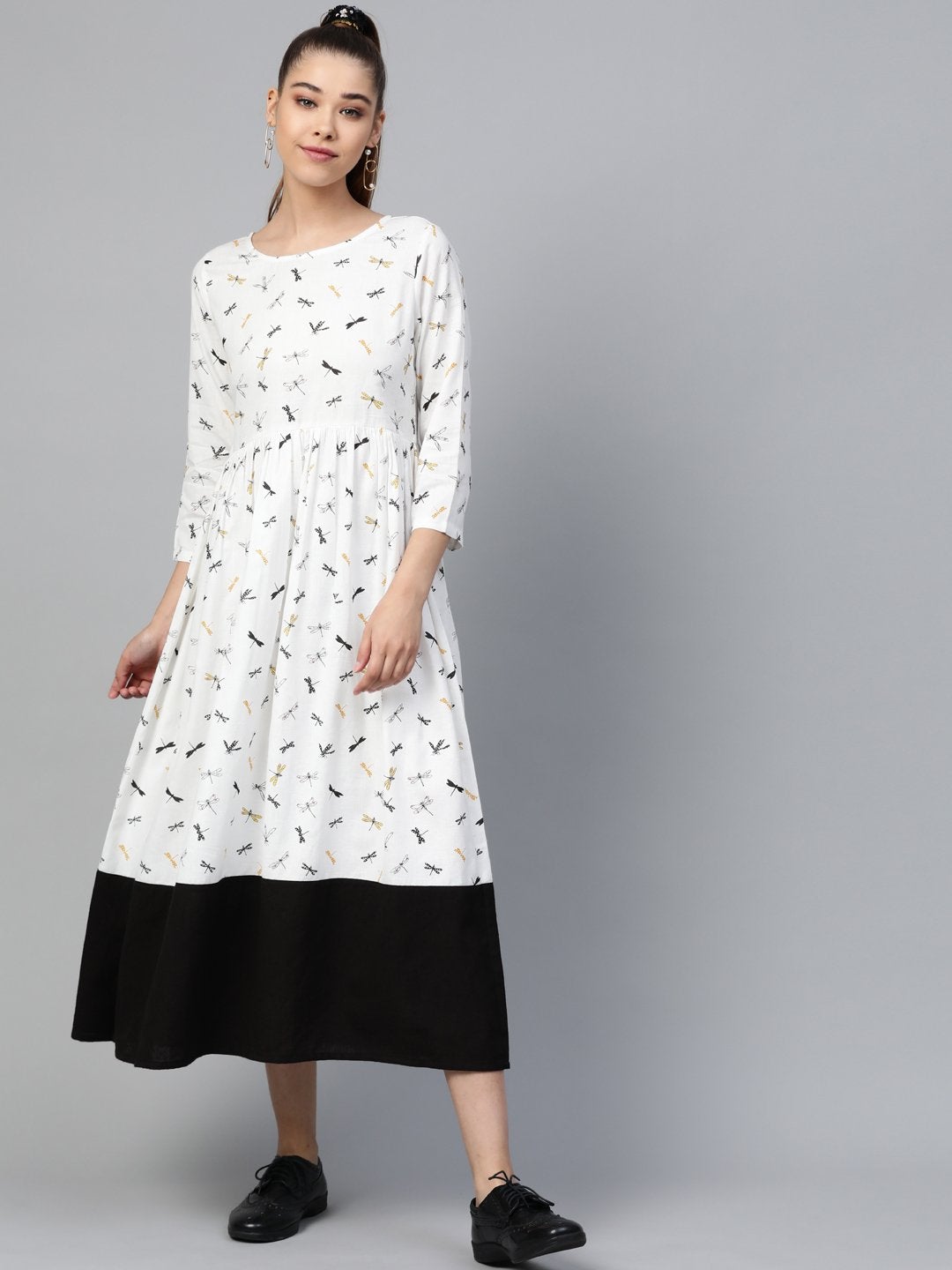 Women's White Drangonfly Print Gathered Dress