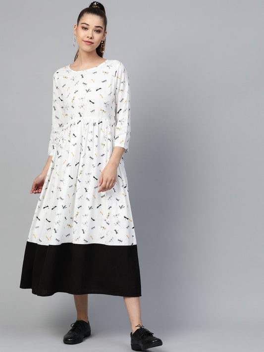 Women's White Drangonfly Print Gathered Dress