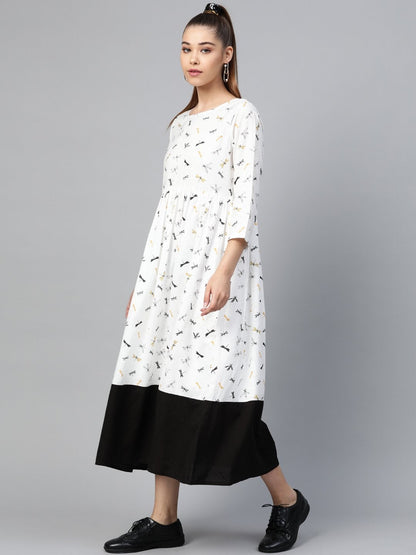 Women's White Drangonfly Print Gathered Dress