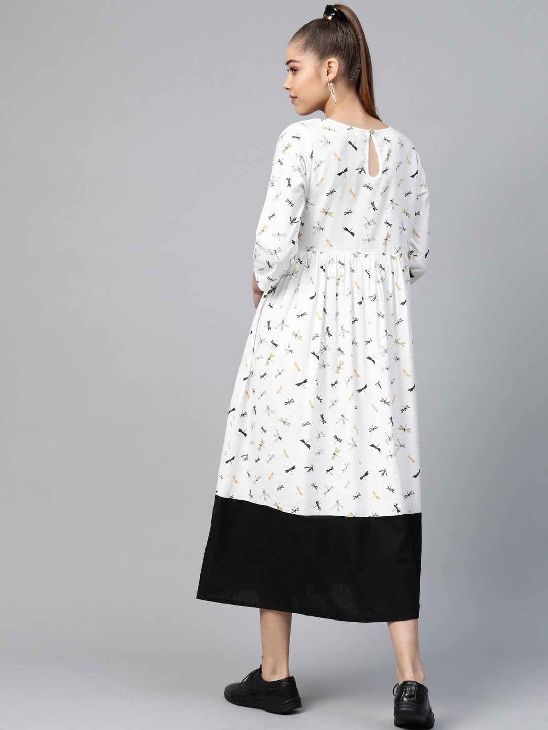 Women's White Drangonfly Print Gathered Dress