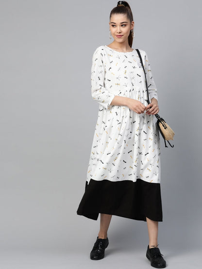 Women's White Drangonfly Print Gathered Dress