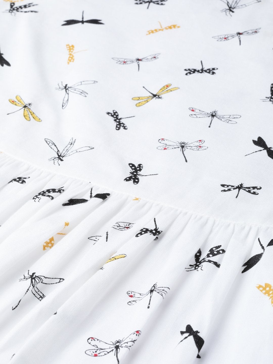 Women's White Drangonfly Print Gathered Dress