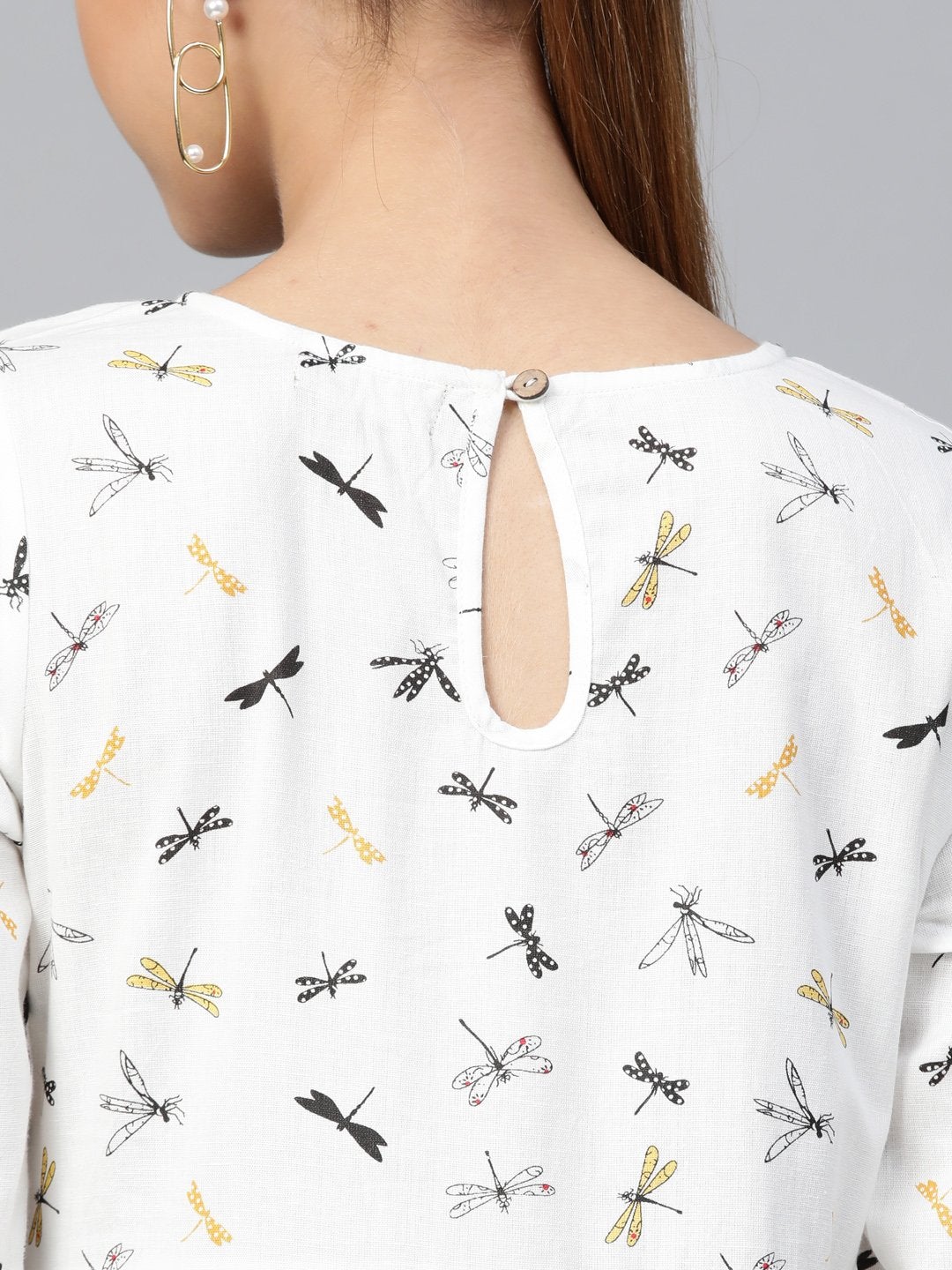 Women's White Drangonfly Print Gathered Dress