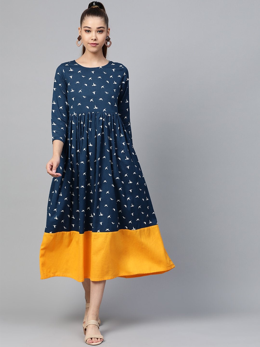 Women's Navy Bird Print Gathered Dress