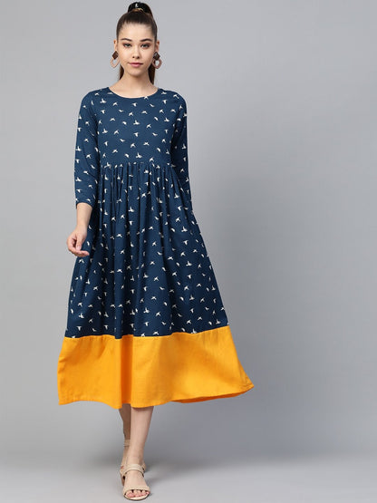 Women's Navy Bird Print Gathered Dress
