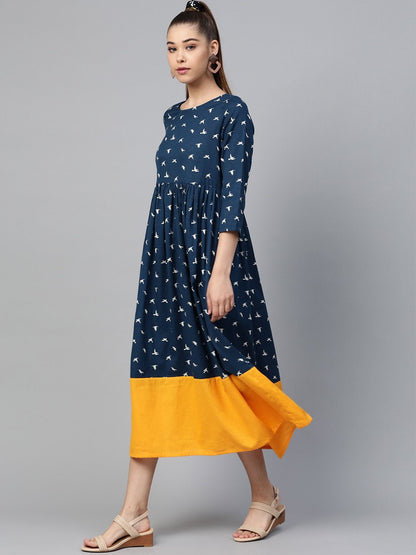 Women's Navy Bird Print Gathered Dress