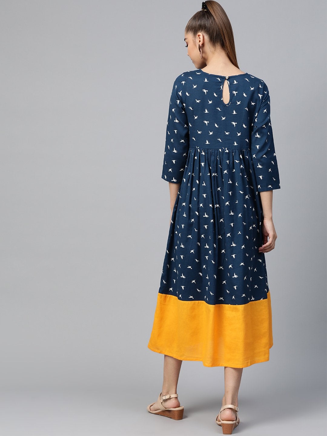 Women's Navy Bird Print Gathered Dress