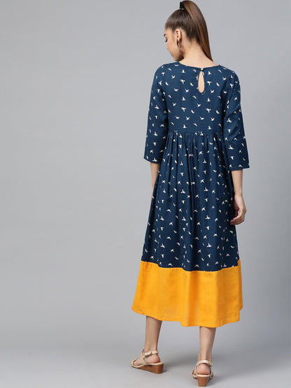 Women's Navy Bird Print Gathered Dress