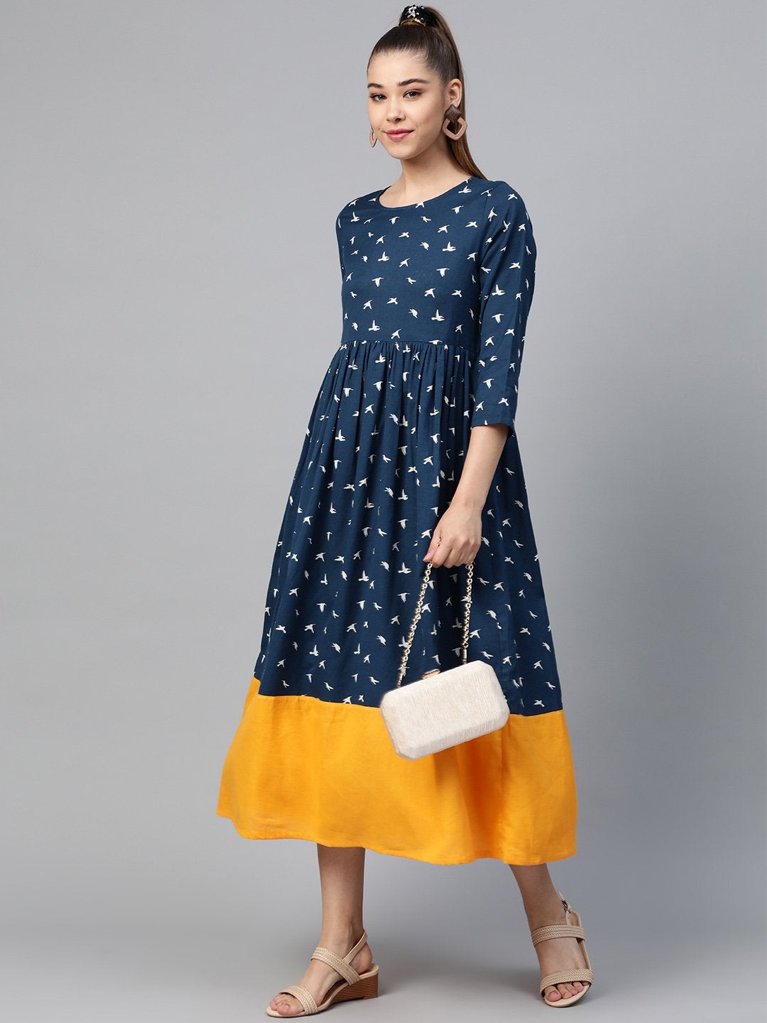 Women's Navy Bird Print Gathered Dress