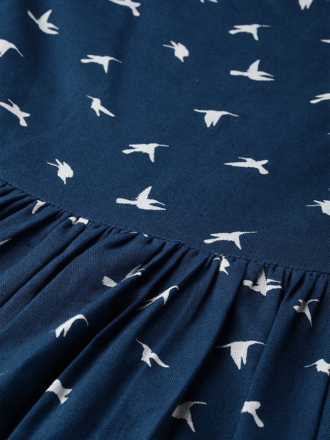 Women's Navy Bird Print Gathered Dress