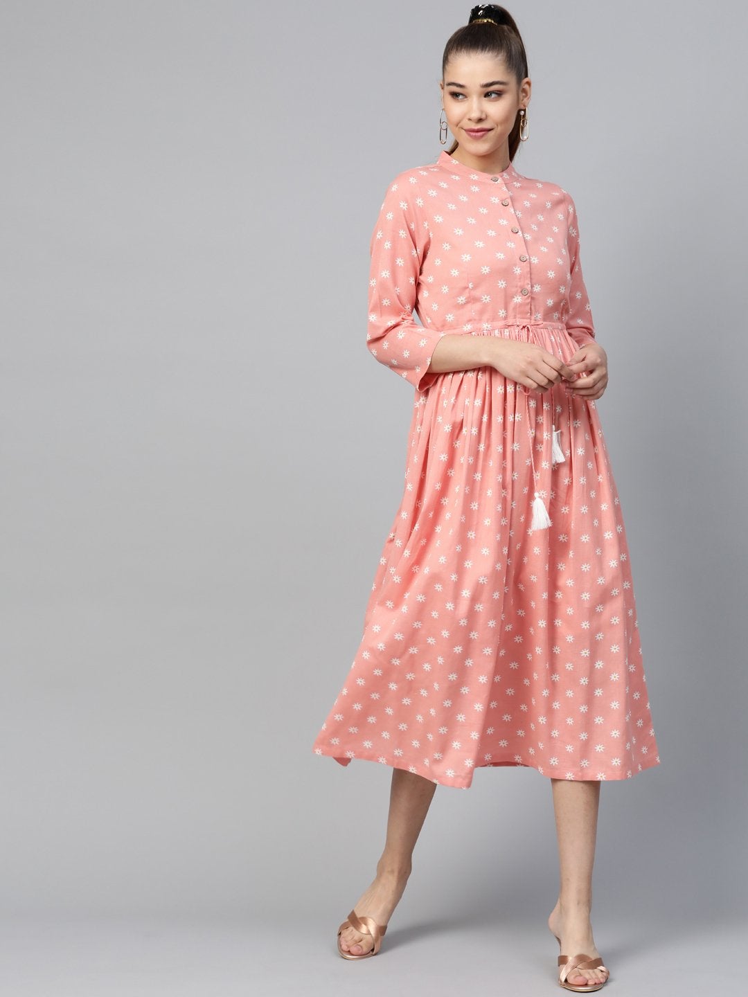 Women's Peach Floral Drawstring Dress