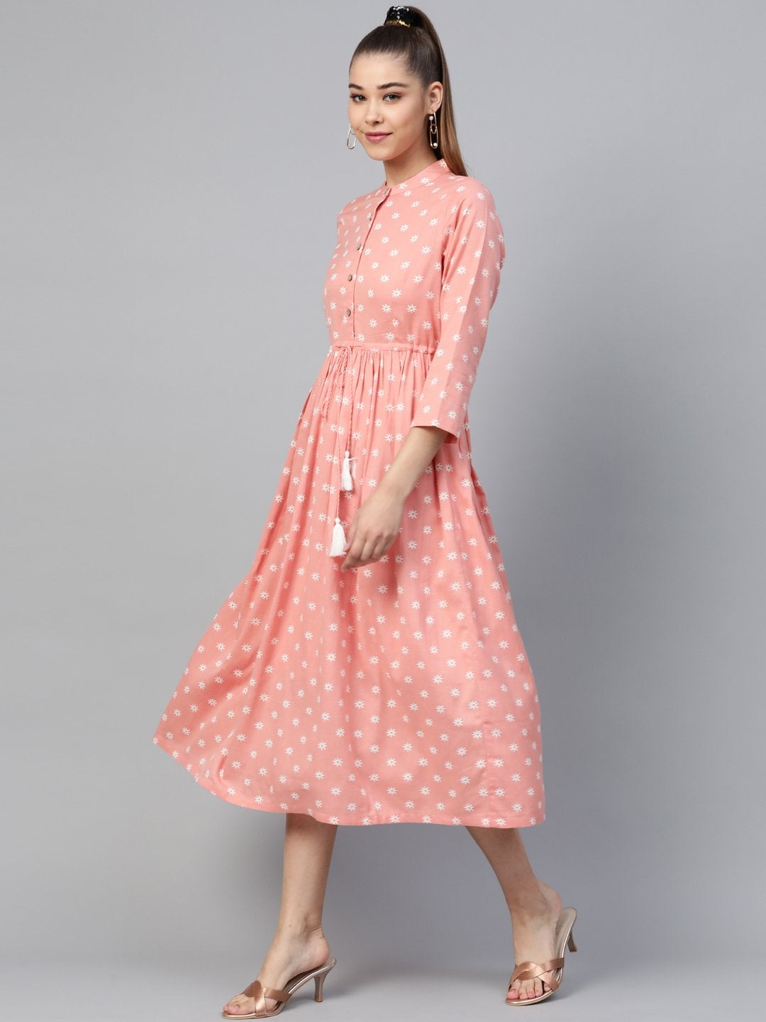 Women's Peach Floral Drawstring Dress