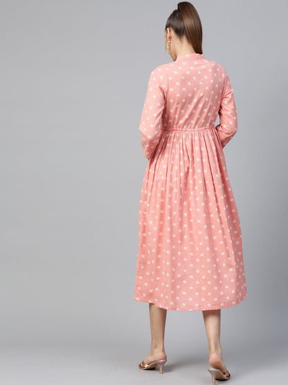 Women's Peach Floral Drawstring Dress