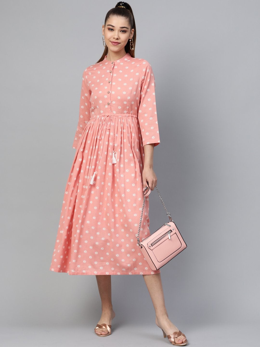 Women's Peach Floral Drawstring Dress