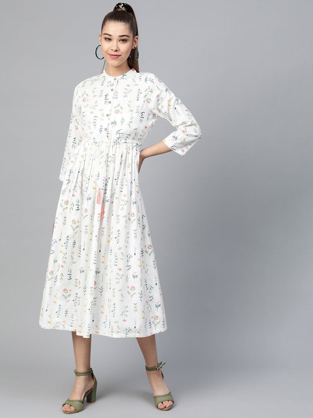 Women's White Floral Drawstring Dress