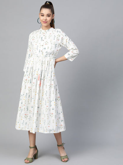 Women's White Floral Drawstring Dress