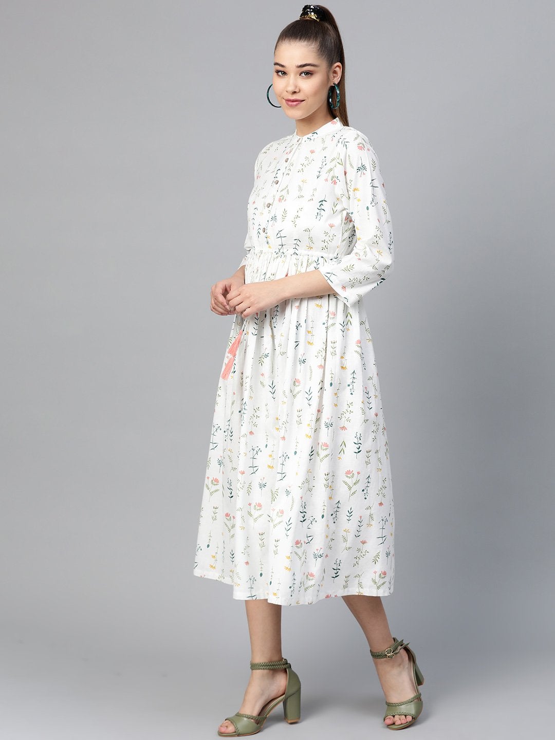 Women's White Floral Drawstring Dress