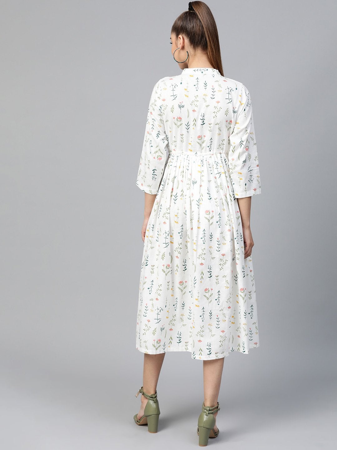 Women's White Floral Drawstring Dress