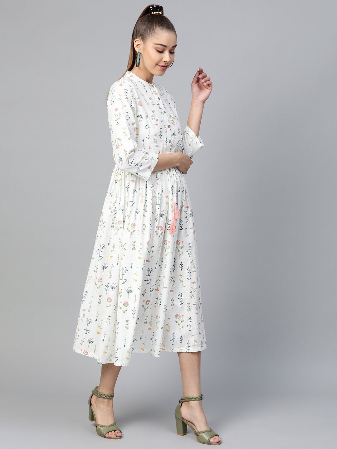 Women's White Floral Drawstring Dress