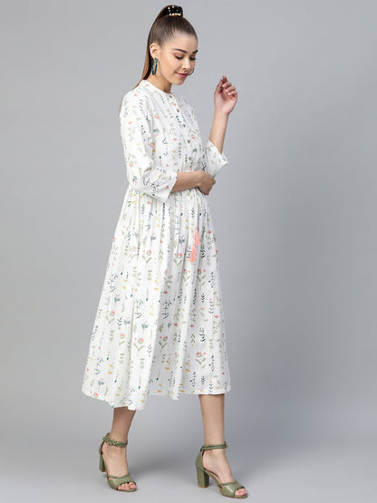 Women's White Floral Drawstring Dress