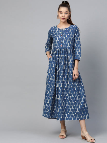 Women's Blue Giraffe Print Gathered Dress