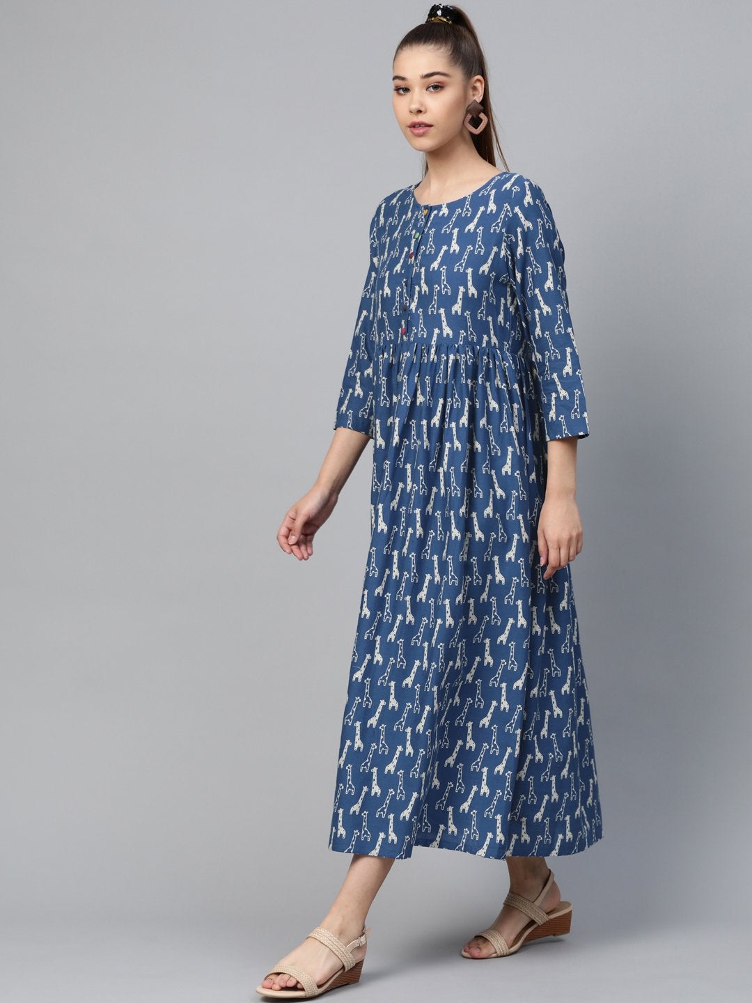 Women's Blue Giraffe Print Gathered Dress