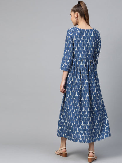 Women's Blue Giraffe Print Gathered Dress