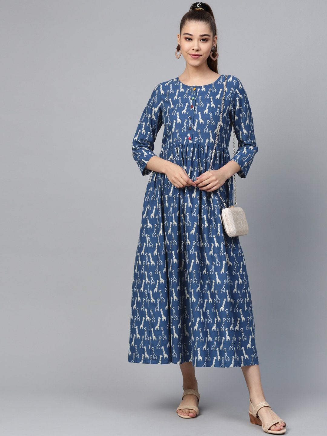Women's Blue Giraffe Print Gathered Dress