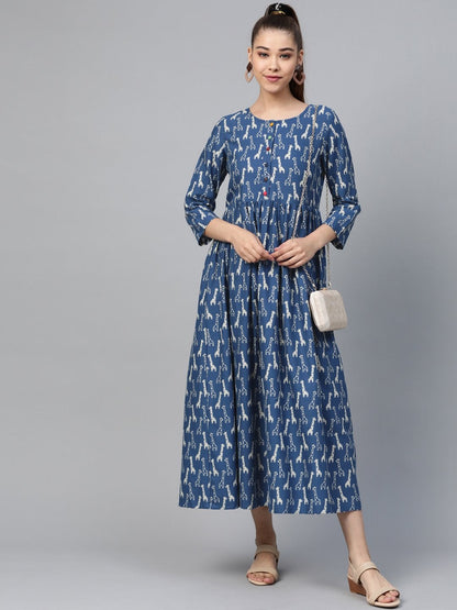 Women's Blue Giraffe Print Gathered Dress