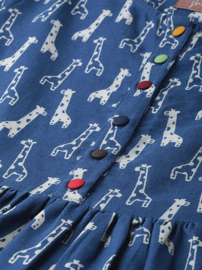 Women's Blue Giraffe Print Gathered Dress