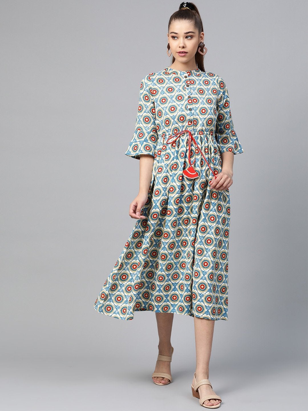 Women's Blue Floral Drawstring Dress