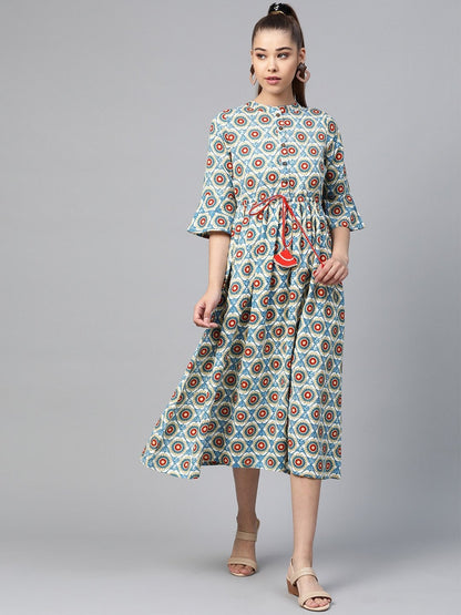 Women's Blue Floral Drawstring Dress
