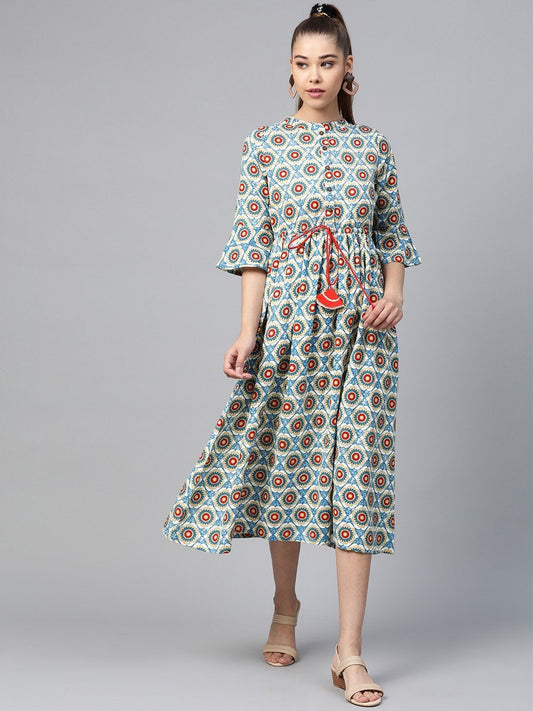 Women's Blue Floral Drawstring Dress