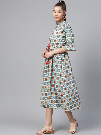 Women's Blue Floral Drawstring Dress