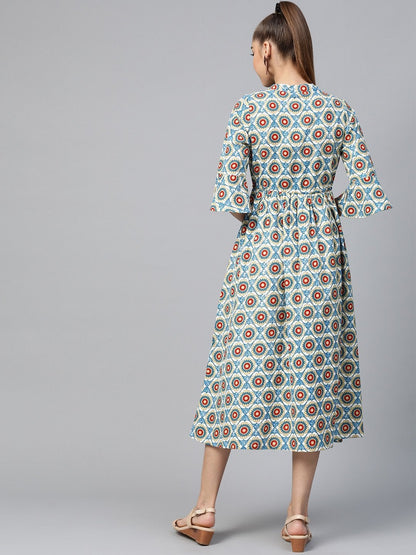 Women's Blue Floral Drawstring Dress