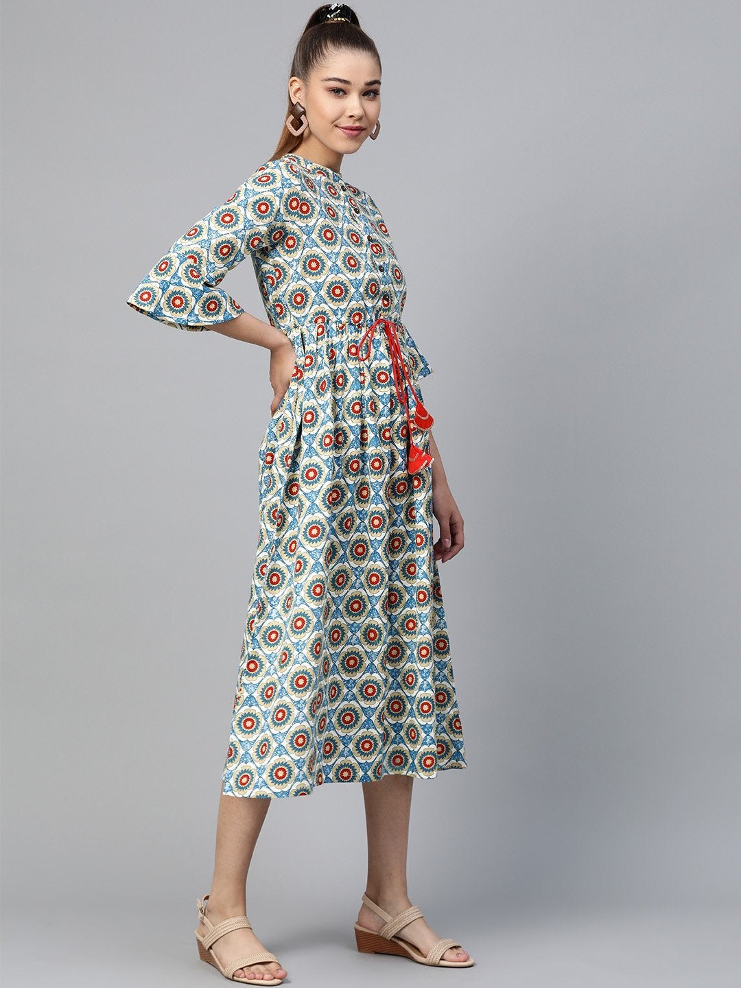 Women's Blue Floral Drawstring Dress