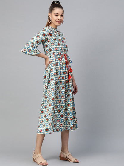 Women's Blue Floral Drawstring Dress